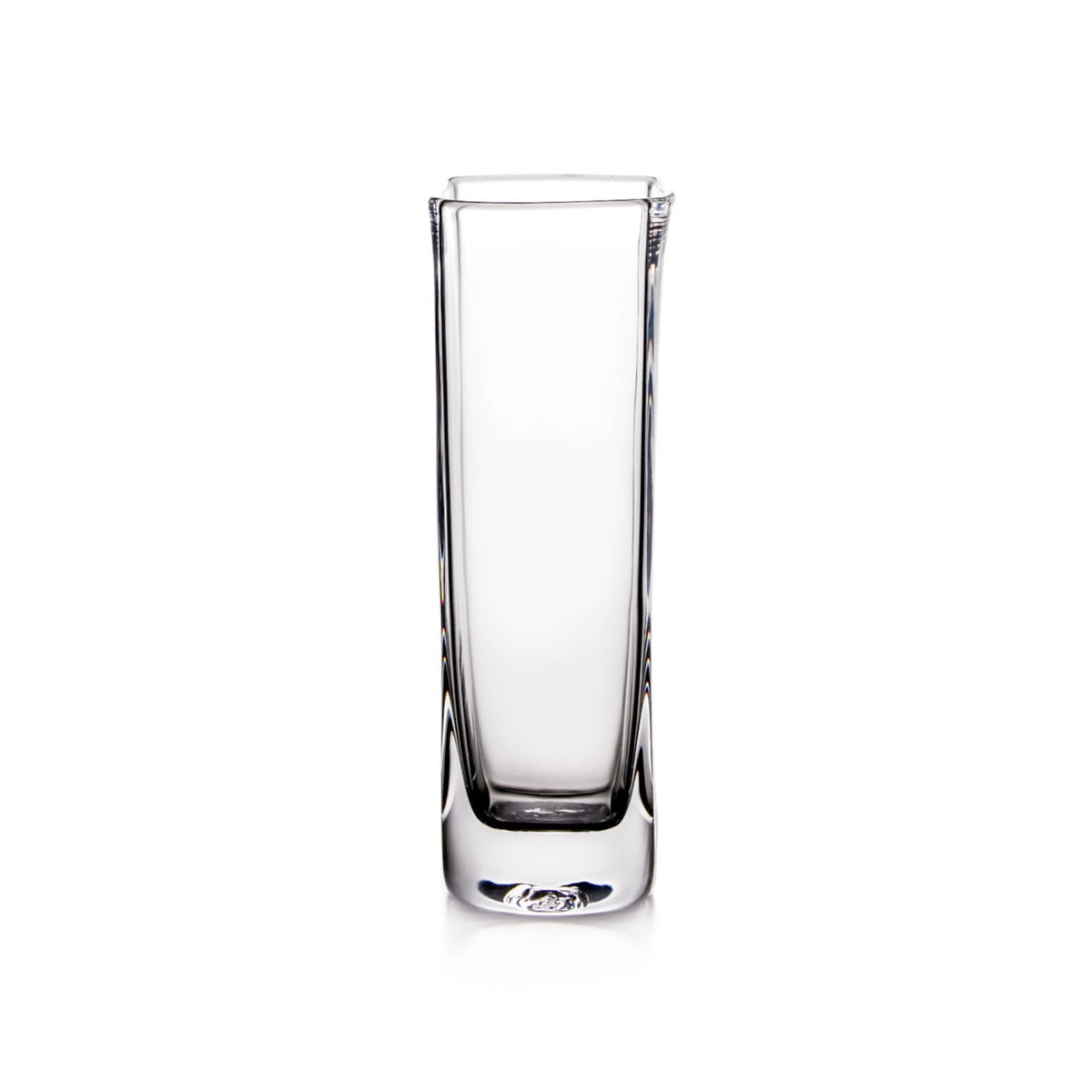Clear glass vase with tall cylindrical body and tapered square base.