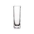 Clear glass vase with tall cylindrical body and weighted base.