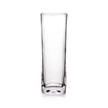 Clear glass cylinder vase with straight sides and rounded top opening.