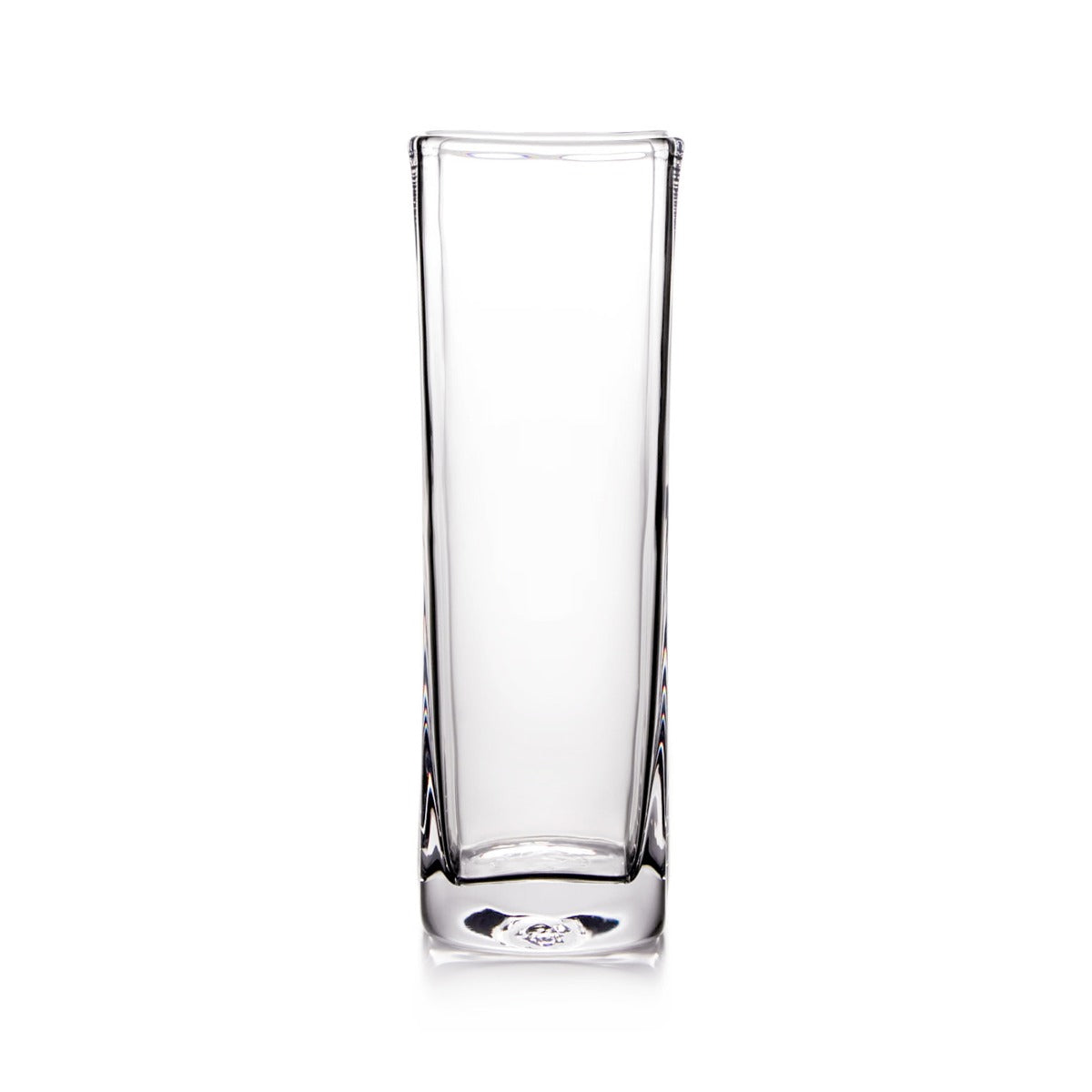 Clear glass cylinder vase with straight sides and rounded top opening.
