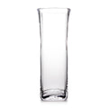 Clear glass cylindrical vase with slightly curved sides and flat rim, suitable for tall flower arrangements.