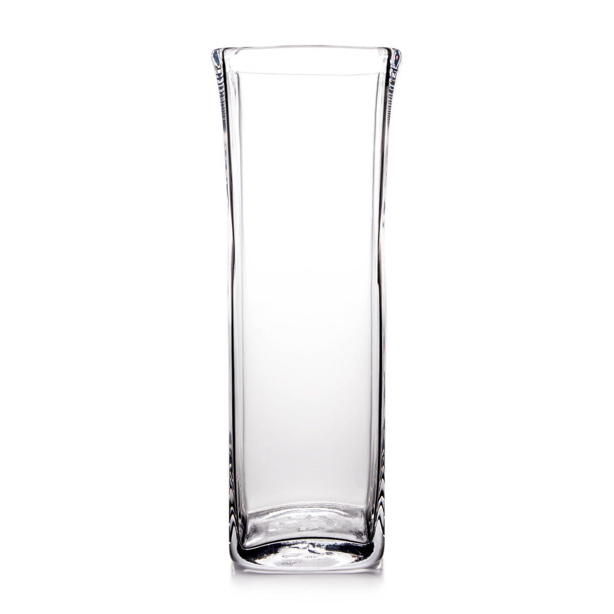 Clear glass cylindrical vase with curved sides and a flat rim opening.