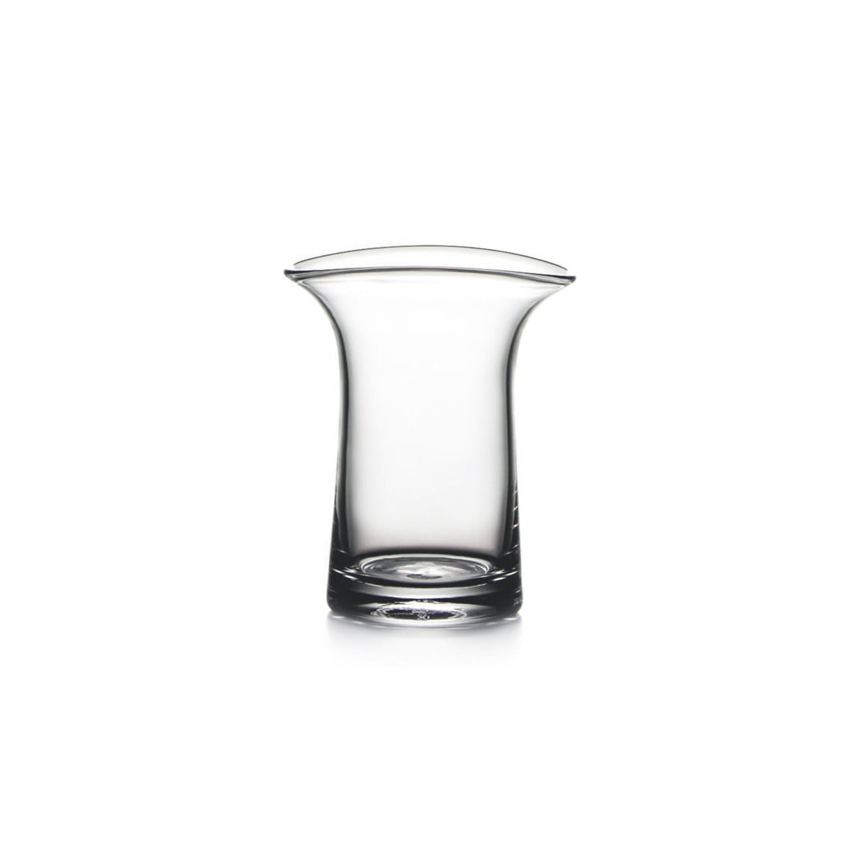 Clear glass vase with curved sides and flared rim opening.