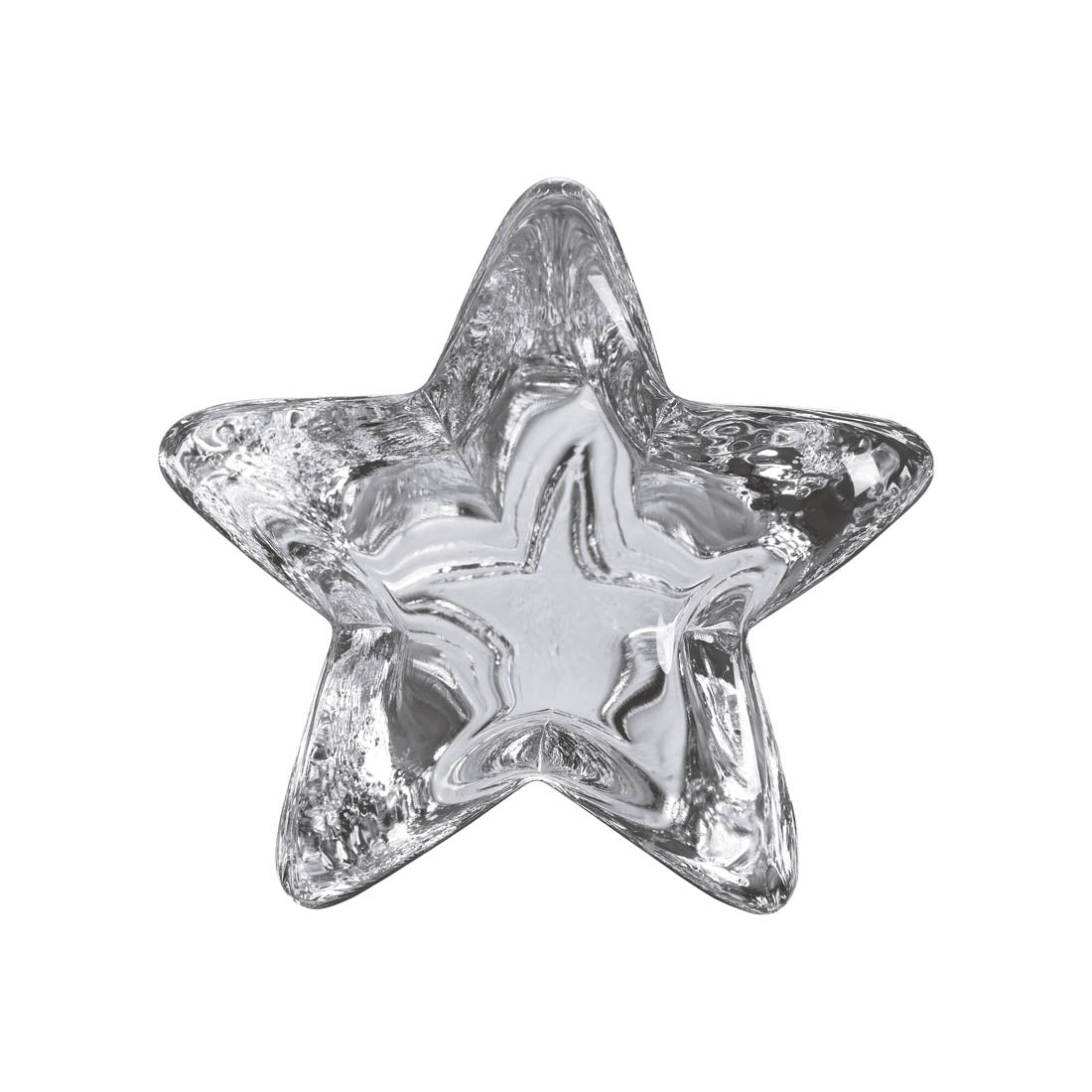 Clear glass star-shaped paperweight with textured surface and hollow center cavity.