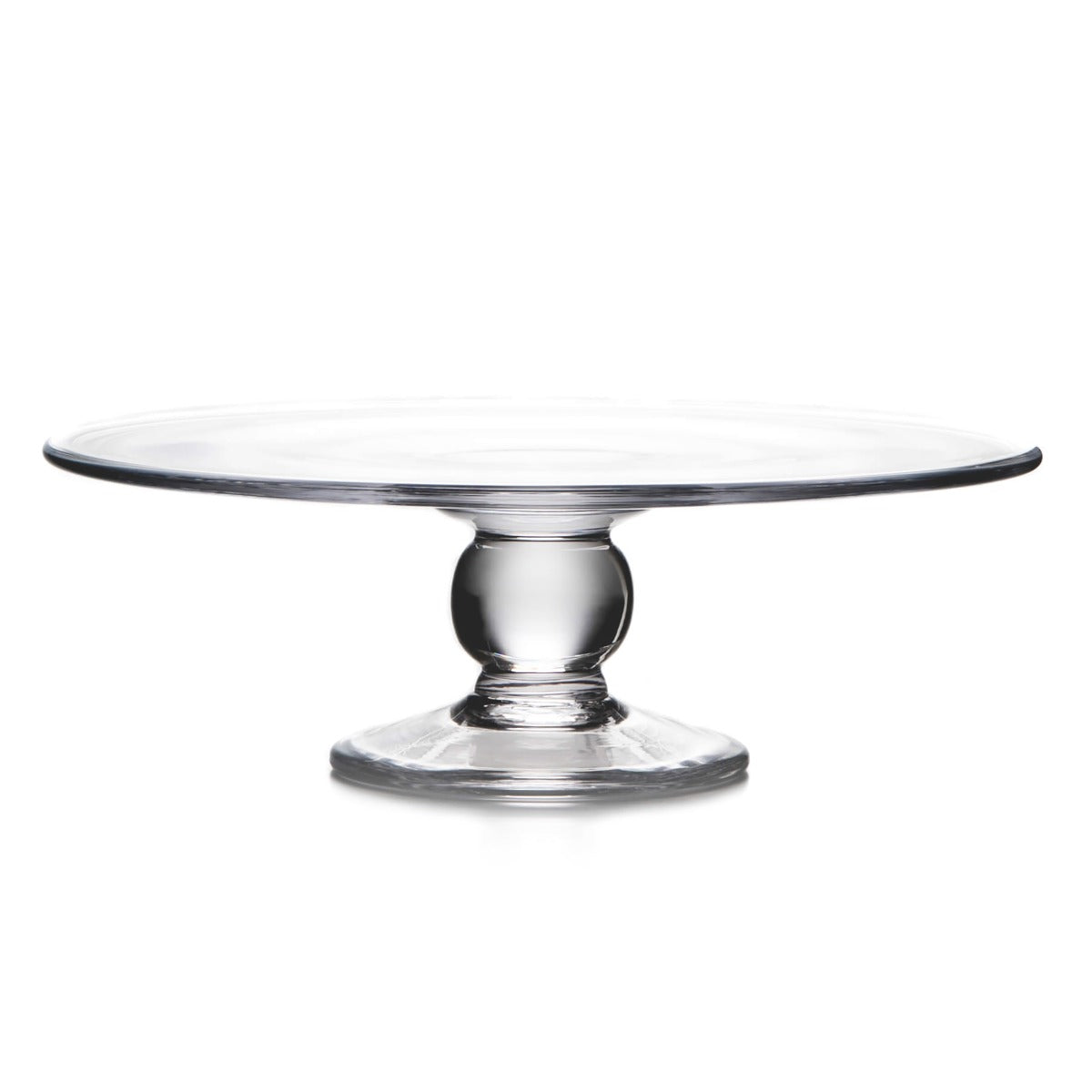 Clear glass cake plate with wide flat rim and pedestal base with square foot.