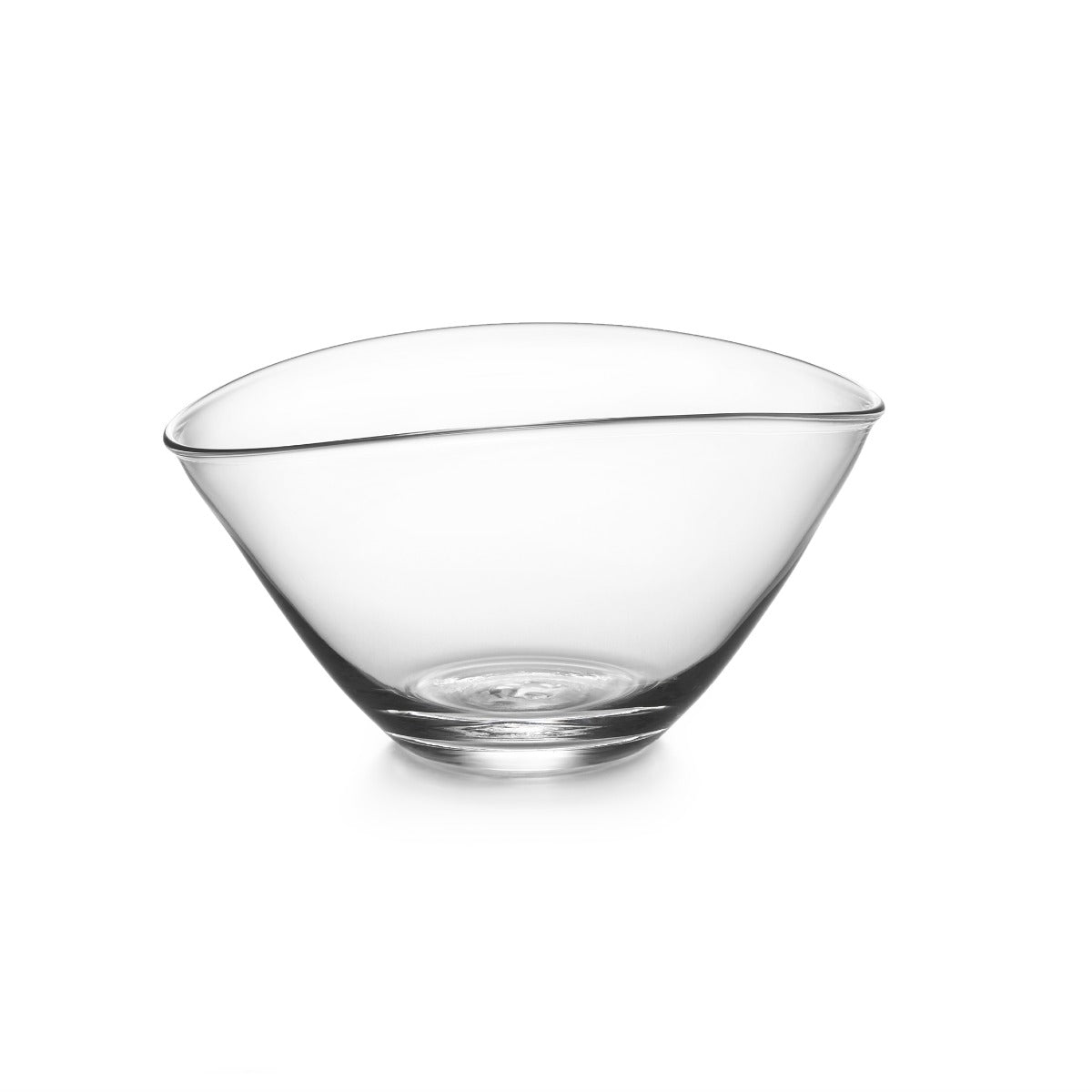 Clear glass bowl with curved sides and a pouring spout on the rim.