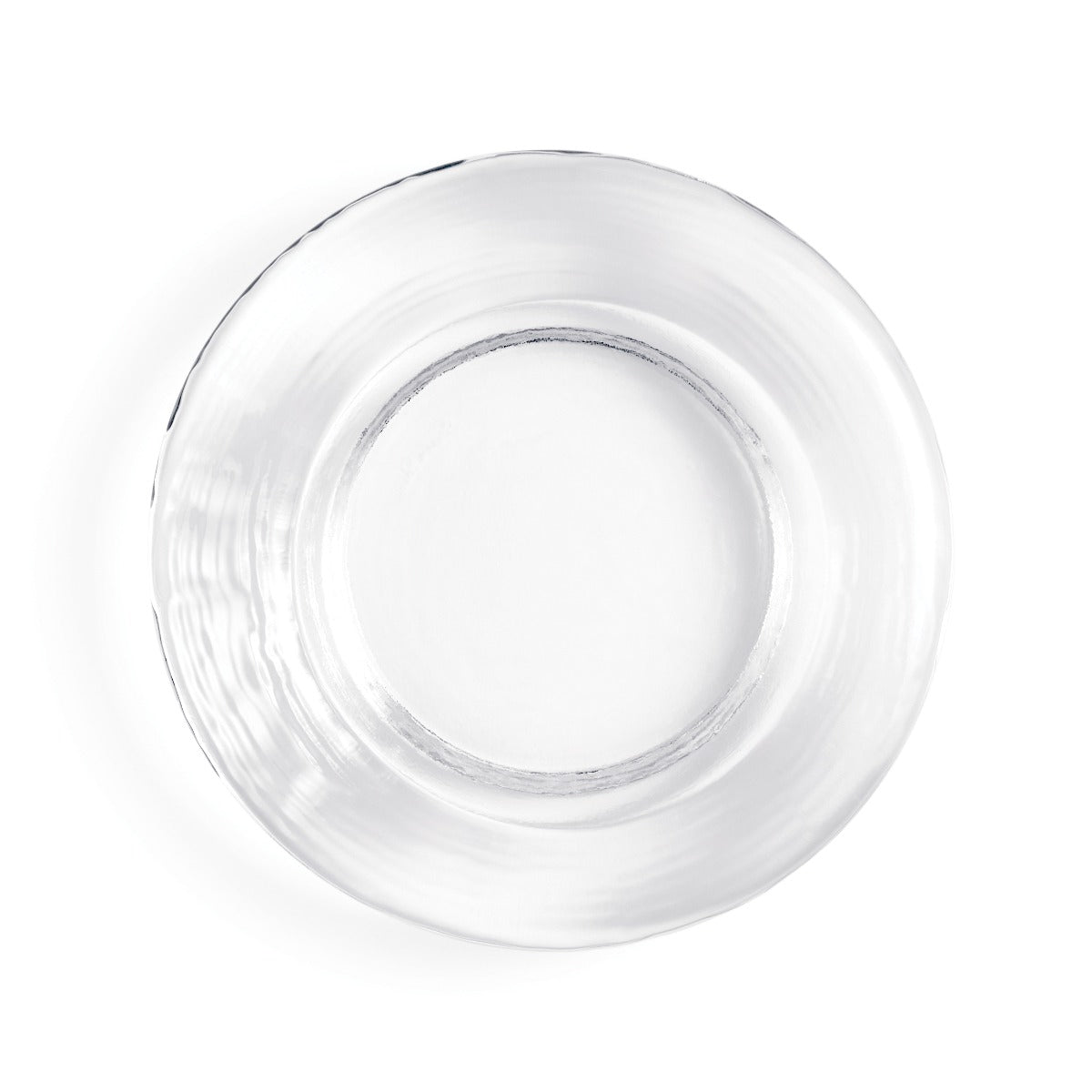 Clear glass coaster with concentric circular ridges and a recessed center well, viewed from above.