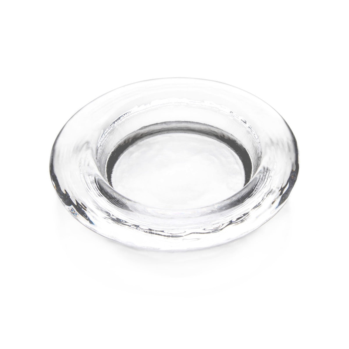 Clear glass round coaster with textured rim and shallow center well.