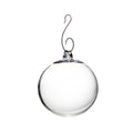 Clear glass round ornament with metal cap and curved wire hook for hanging.