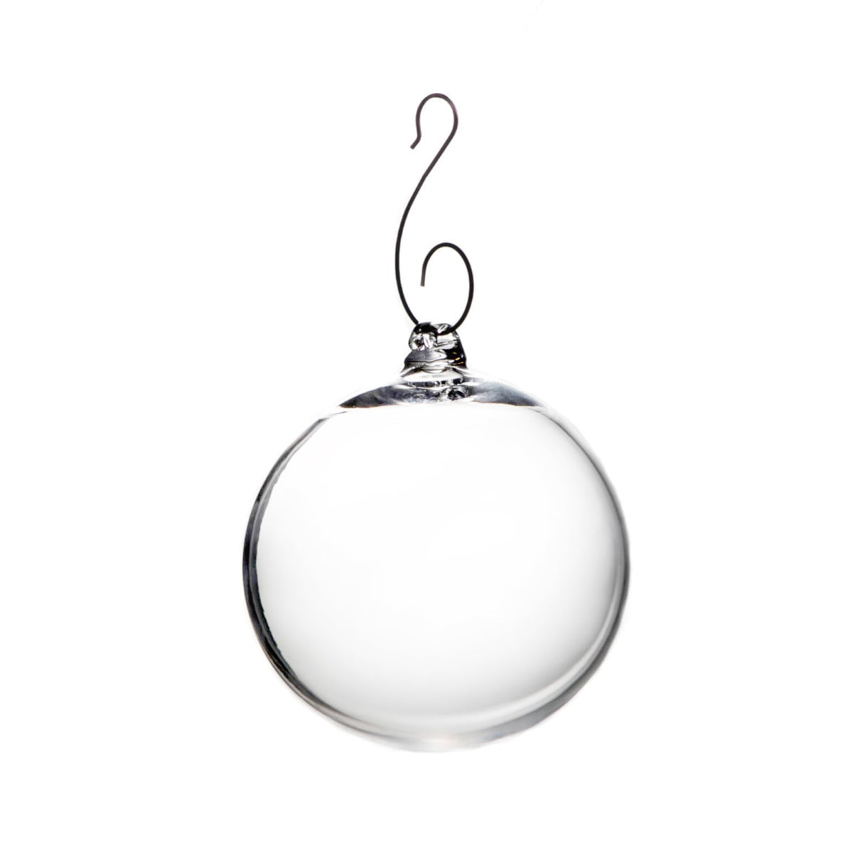 Clear glass round ornament with metal cap and curved wire hook for hanging.