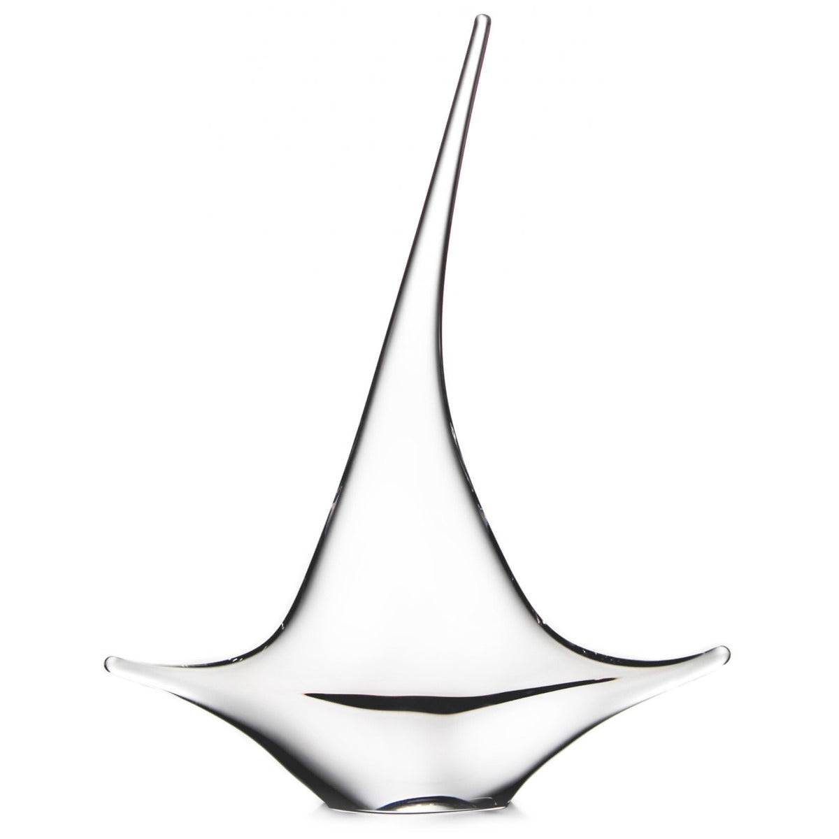 White sailboat figurine with tall mast, curved sail, and black accent line on hull.