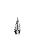 Silver-toned metallic evergreen tree sculpture with pointed top and layered branch details on round base.