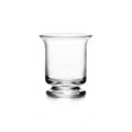 Clear glass hurricane vase with curved sides and pedestal base.