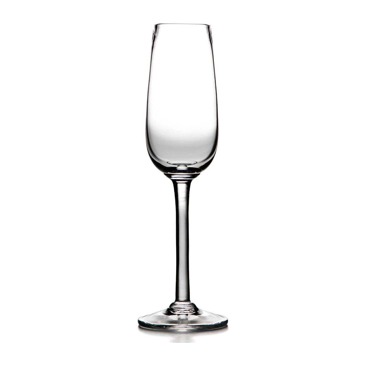 Clear glass champagne flute with tapered bowl and slender stem on round base.