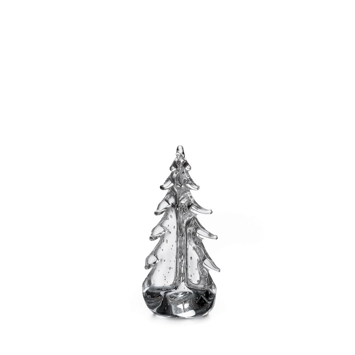Clear glass evergreen tree figurine with bubble-textured surface and pointed top.