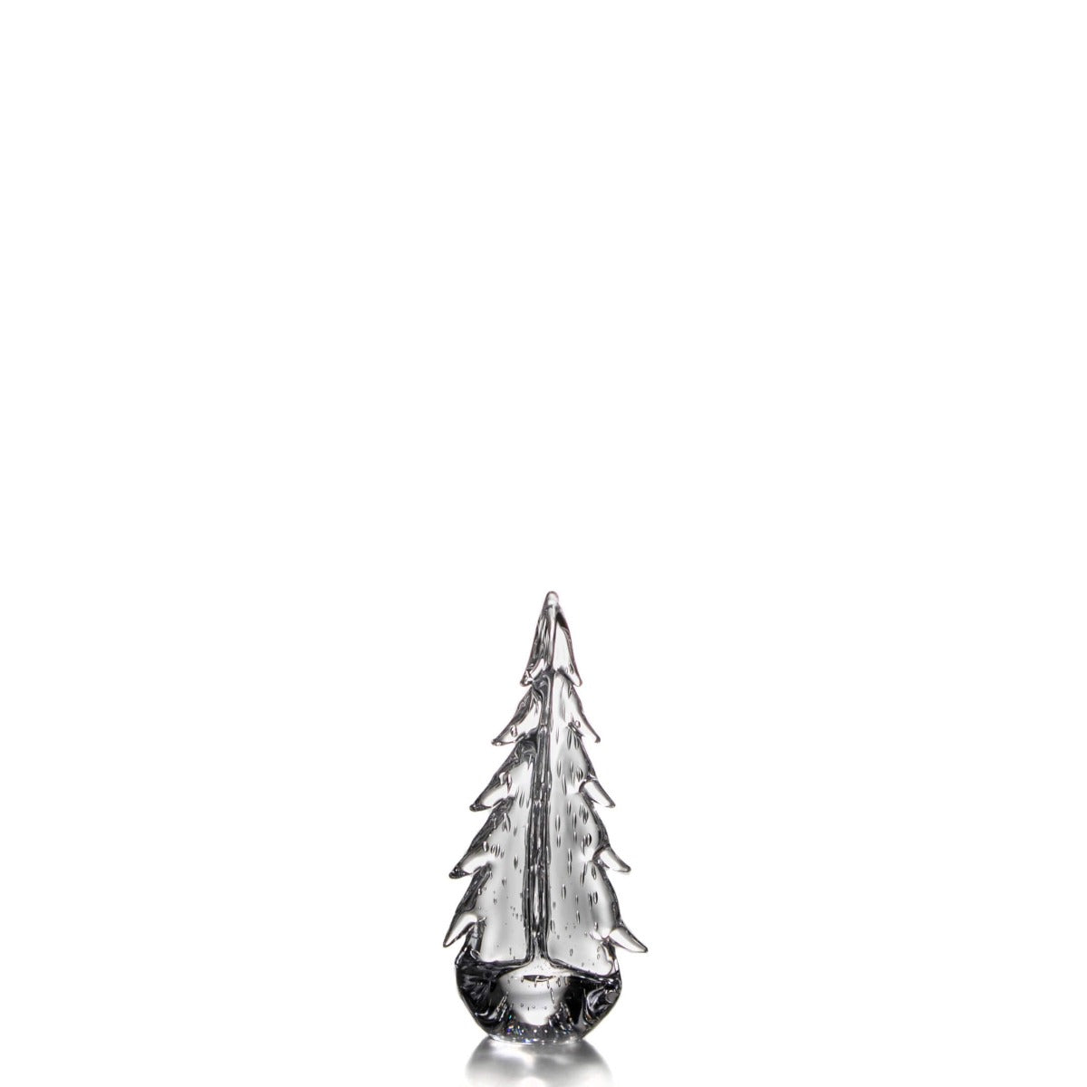 Clear glass evergreen tree figurine with textured branches and rounded base.