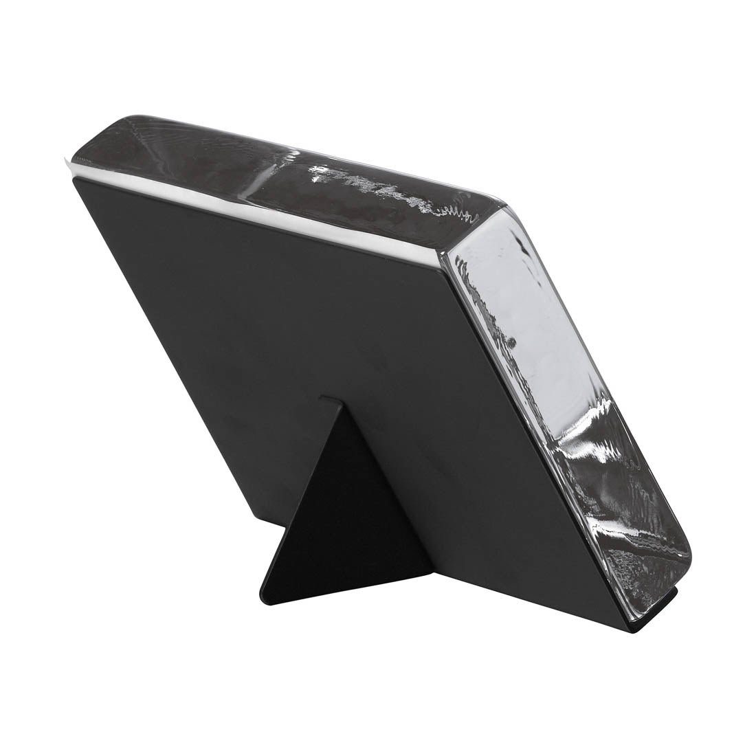 Black square photo block with white trim and integrated easel stand for displaying photographs.