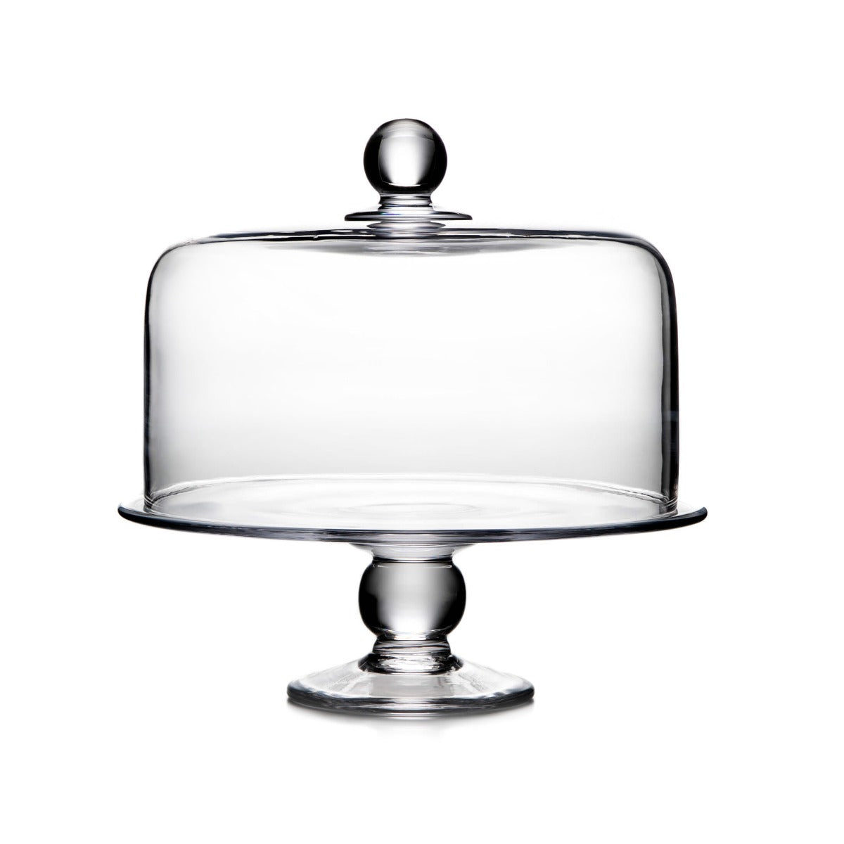 Clear glass cake plate with dome cover on pedestal base with sphere finial.