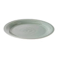 Celadon ceramic dinner plate with crackle glaze finish and concentric ring detail.