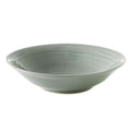 Celadon crackle ceramic pasta bowl with wide shallow bowl shape and small pouring spout.