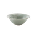 Celadon ceramic cereal bowl with crackle glaze finish and wide rim.