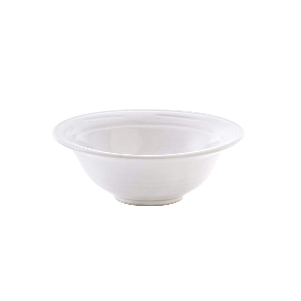 White ceramic cereal bowl with wide rim and curved sides.