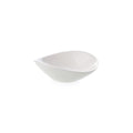 White alabaster dip bowl with curved asymmetrical shape and pouring spout.