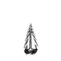 Clear glass evergreen tree figurine with pointed top and layered branches on dark base.