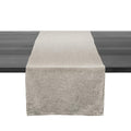 Beige linen table runner with natural texture displayed on dark wood table.