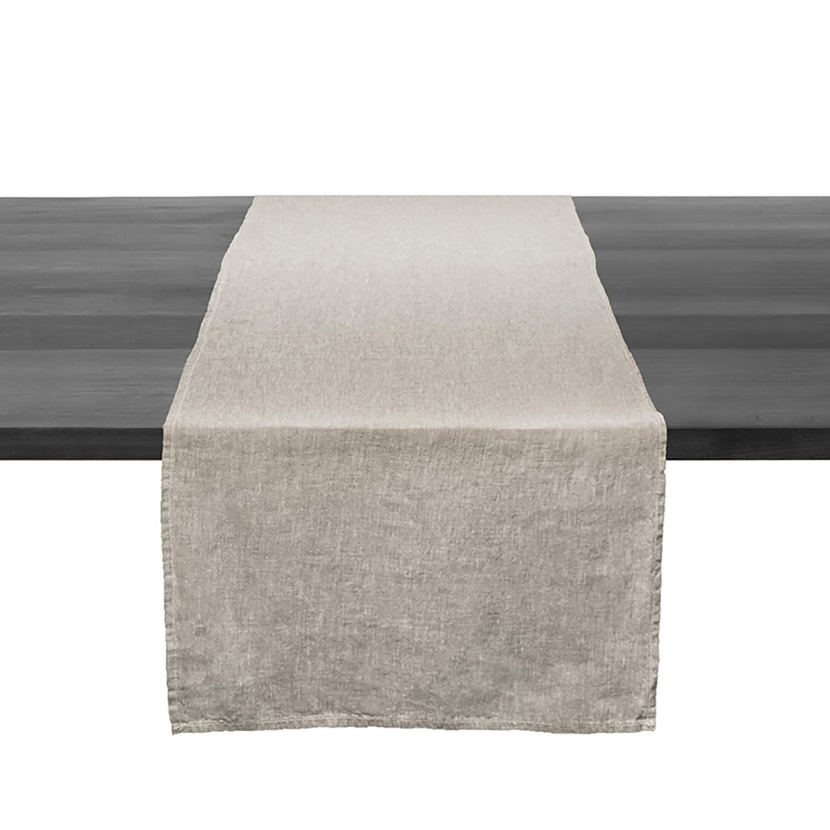 Beige linen table runner with natural texture displayed on dark wood table.