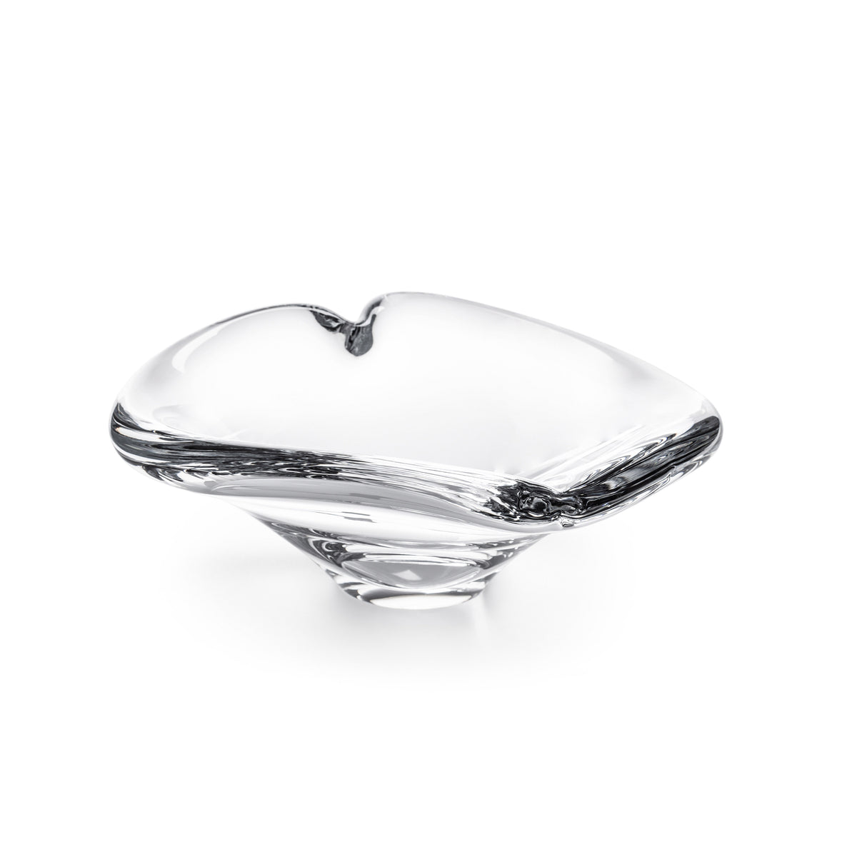 Clear glass dish with heart-shaped top and black branch-like handles on sides.