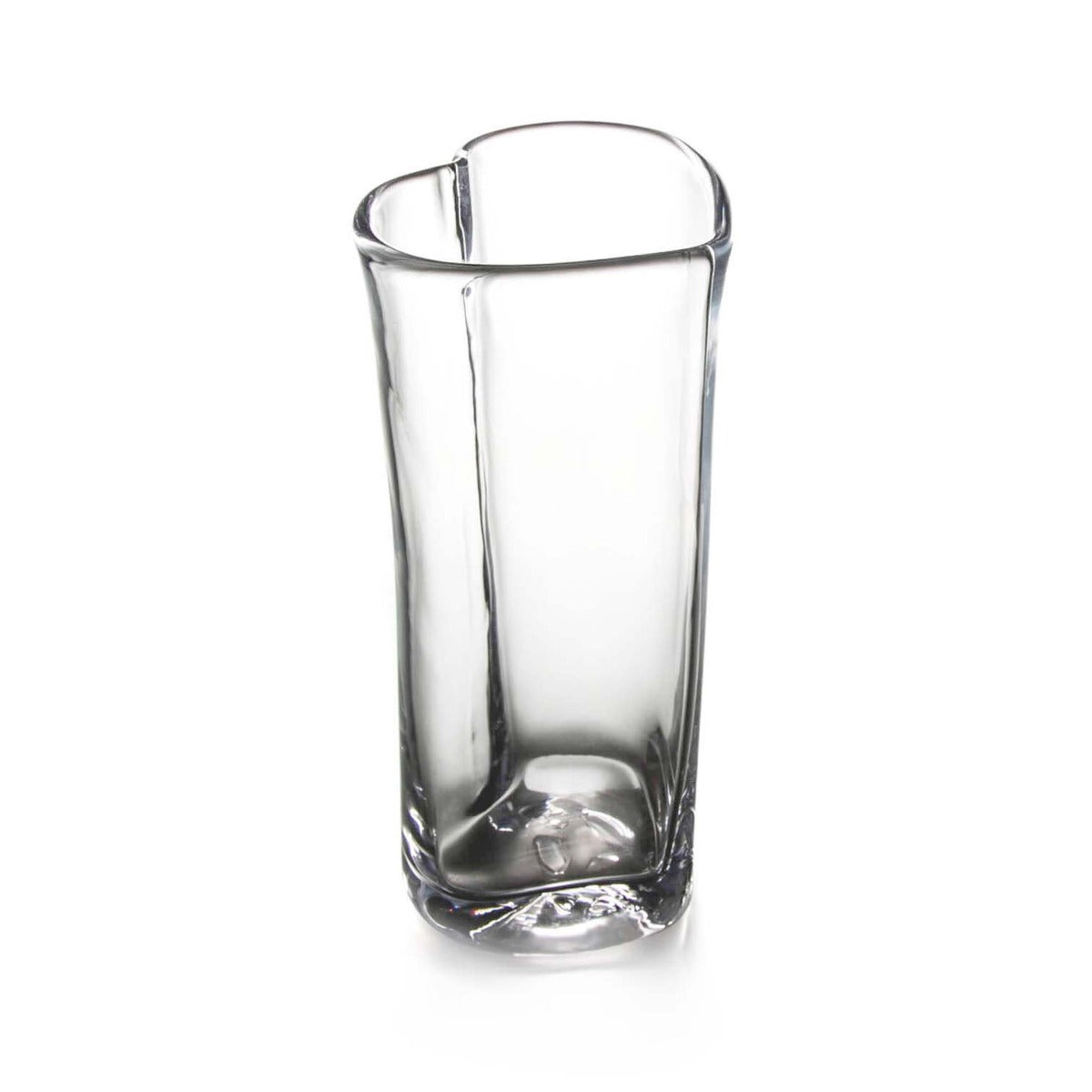 Clear glass vase with curved heart-shaped silhouette and rounded rim.
