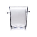 Clear glass ice bucket with two handles and tapered square shape.
