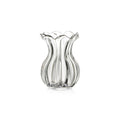 Clear glass vase with vertical ribbed pattern and scalloped rim.