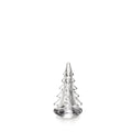 Clear glass evergreen tree figurine with tiered branches and rounded base.