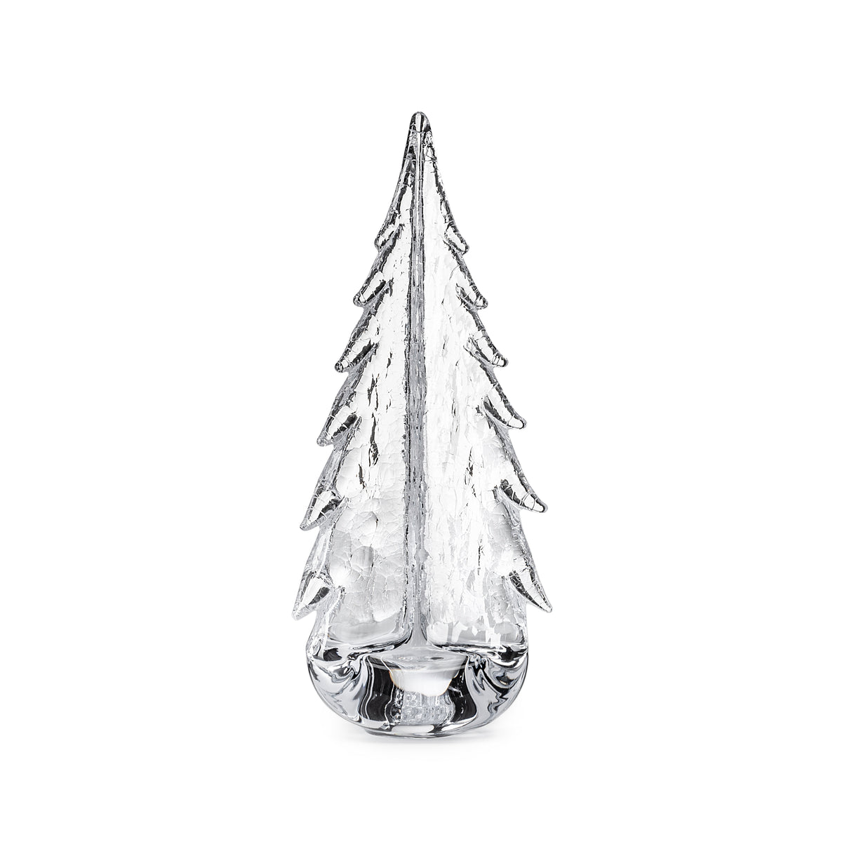 Clear glass evergreen tree figurine with textured branch details and rounded base.