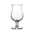 Clear glass tulip-shaped goblet with stem and pedestal base on white background.