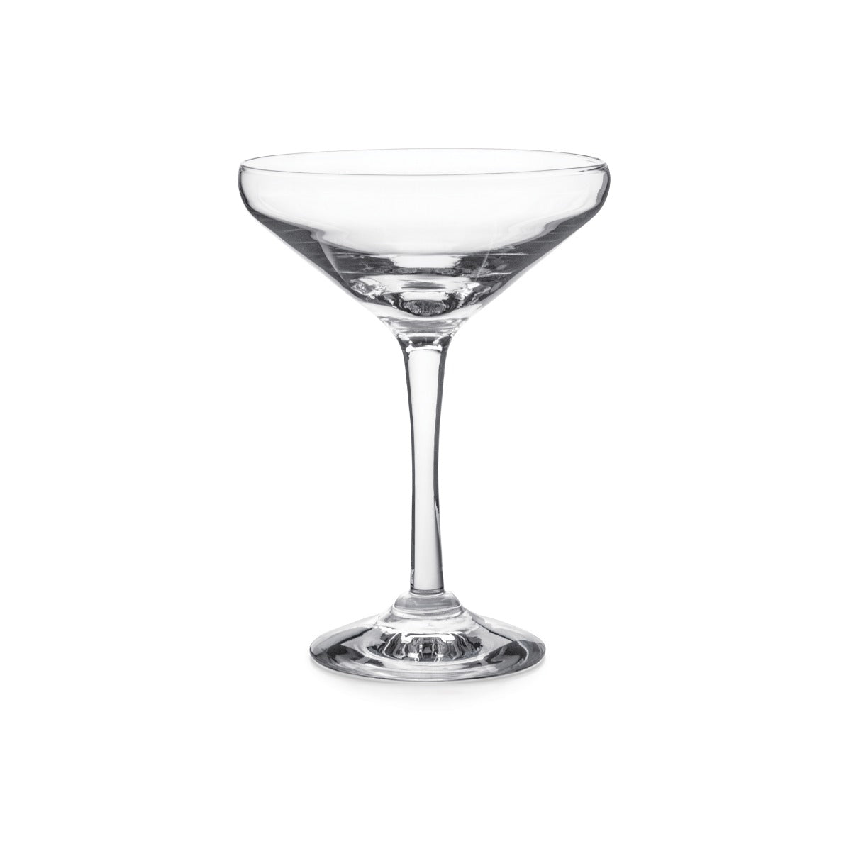 Clear glass coupe with wide bowl, thin stem, and rounded base.