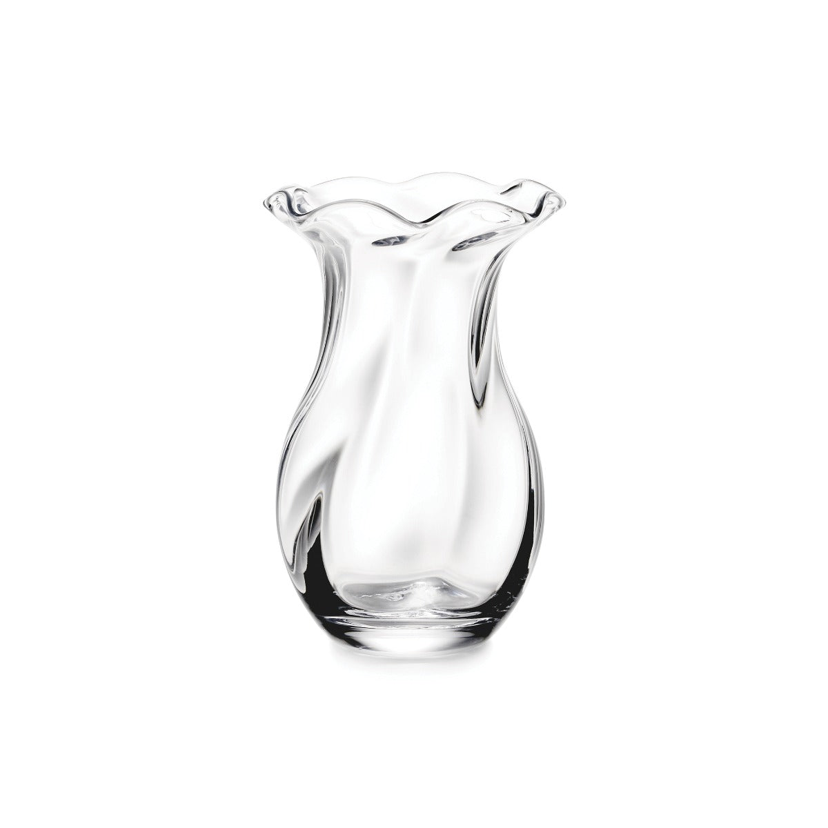 Clear glass vase with wavy ruffled rim and curved sides.