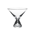 Clear glass stemless martini glass with wide cone-shaped bowl and short base featuring circular detail.