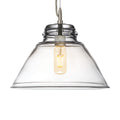 Clear glass cone-shaped pendant light with brushed metal hardware and vintage-style filament bulb visible inside.