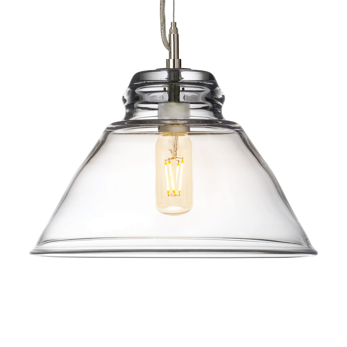 Clear glass cone-shaped pendant light with brushed metal hardware and vintage-style filament bulb visible inside.