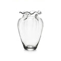 Clear glass vase with cinched waist and ruffled rim opening, featuring vertical optic ribbing.