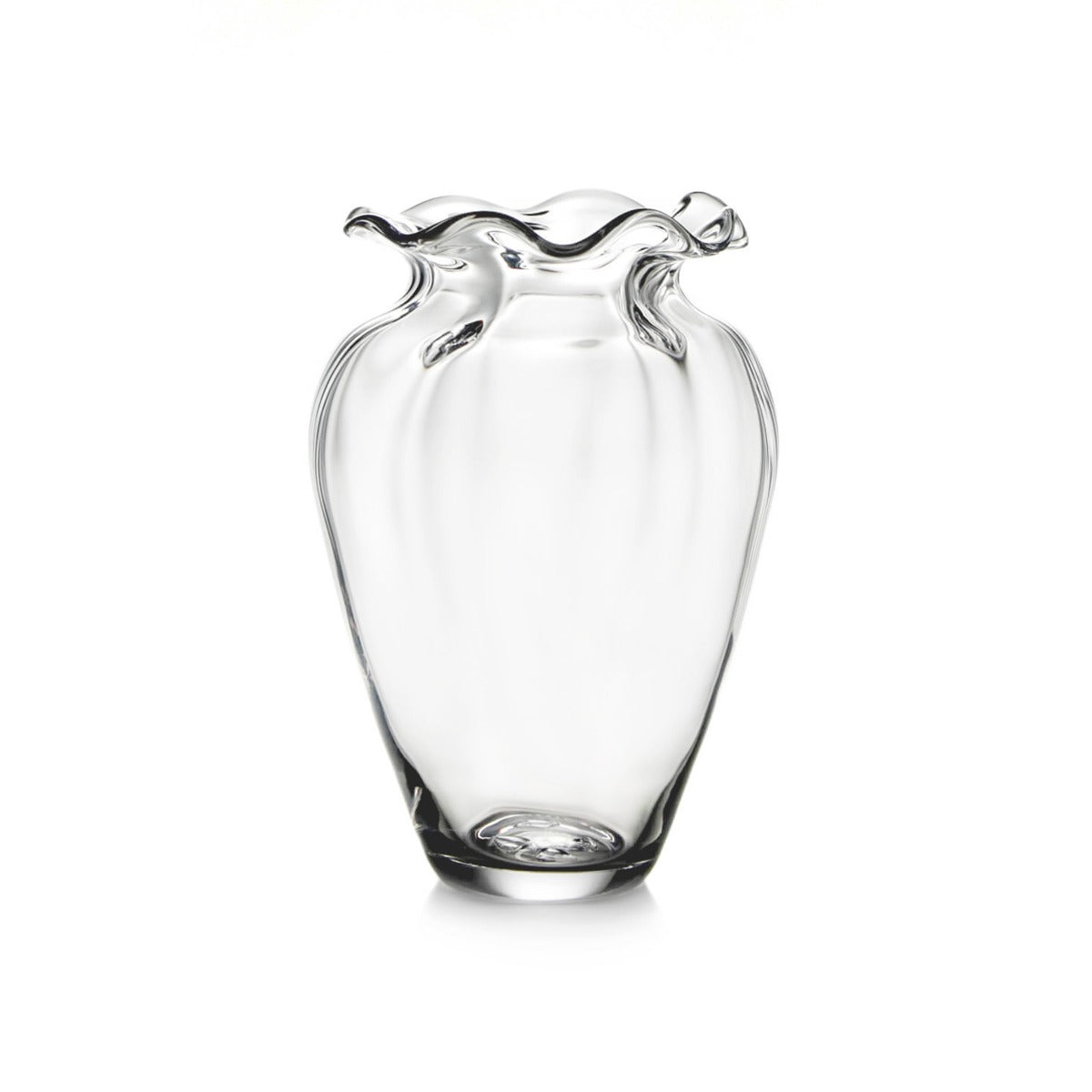 Clear glass vase with cinched waist and ruffled rim opening, featuring vertical optic ribbing.
