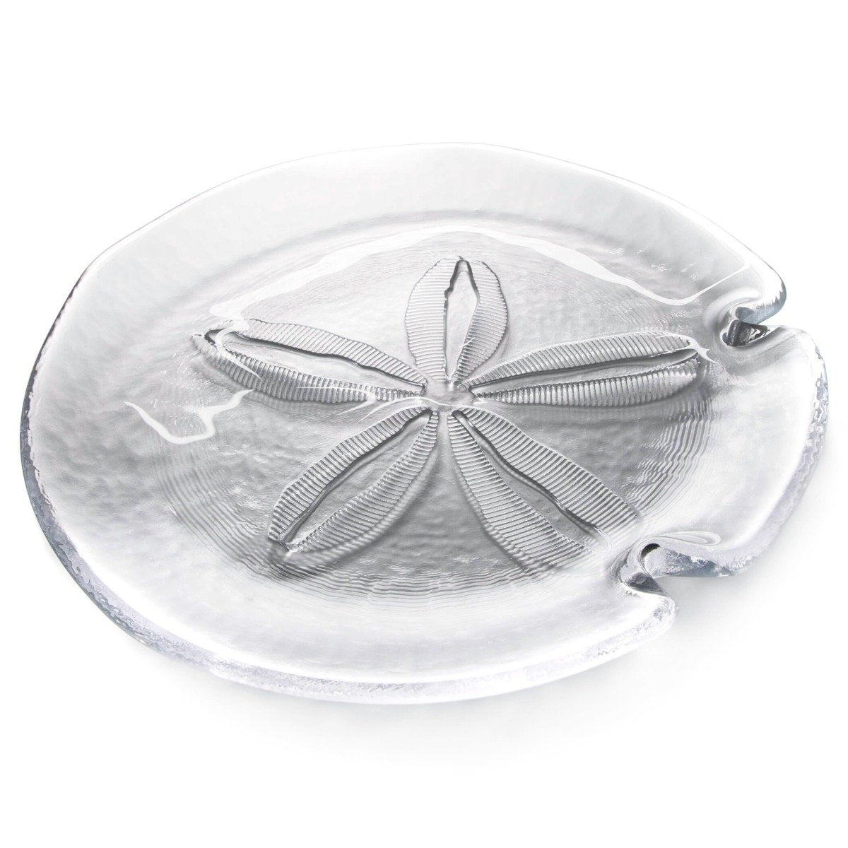 Clear glass platter with embossed sand dollar design and two curved handles on the sides.