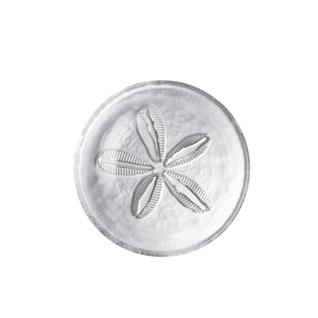 White ceramic plate with embossed sand dollar design in center, viewed from above.