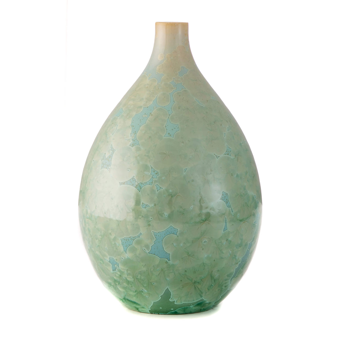 Teardrop-shaped stone or ceramic vessel in pale green with blue-toned surface markings and a narrow wooden top.
