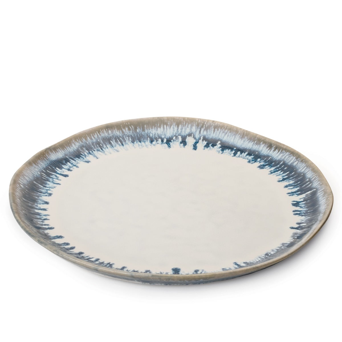 Shallow ceramic bowl with cream center and blue-gray textured rim.