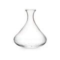 Clear glass wine decanter with curved sides and narrow neck opening.