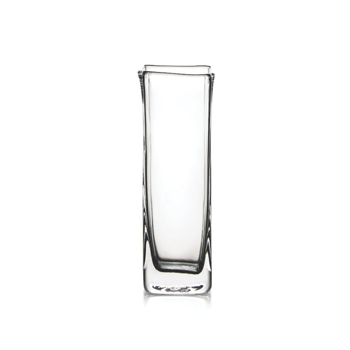 Clear glass bud vase with tall, straight rectangular shape and thick base.
